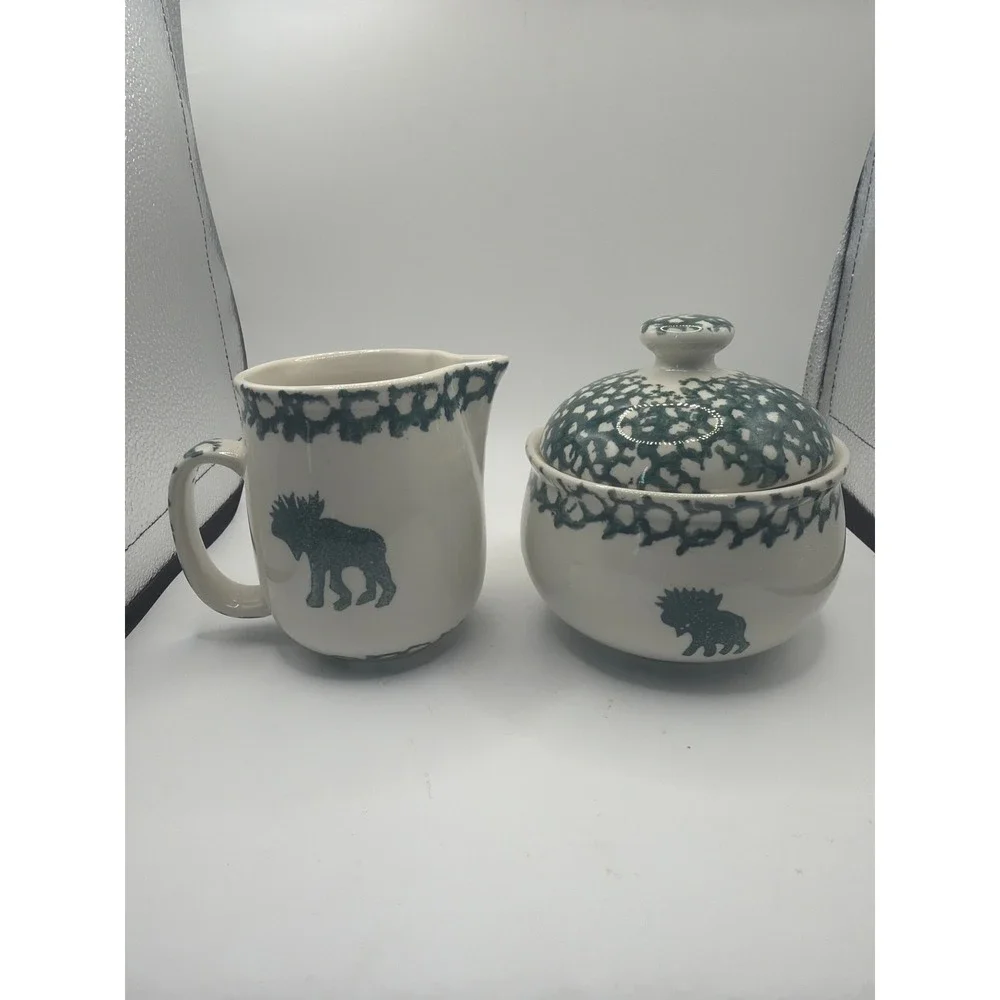 VINTAGE FOLK CRAFT MOOSE COUNTRY GREEN TIENSHAN SPONGEWARE SUGAR & CREAMER